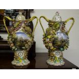 PAIR OF 2 HANDLE DRESDEN STYLE ENCRUSTED URNS + LIDS