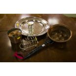 CHRISTOFFE PLATTER, PLATED TOAST RACK, WALKER + HALL MUSTARD POT,