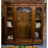 LARGE FRENCH 3 DOOR WALNUT + ORMOLU MOUNTED MARQUETRY BREAKFRONT DISPLAY CABINET - AF