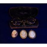 3 CAMEO BROOCHES + PAIR OF SPECTACLES