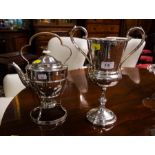 2 HANDLE CUP AF + SILVER PLATE KETTLE ON STAND