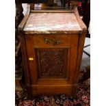 EDWARDIAN CARVED WALNUT COAL SCUTTLE WITH MARBLE TOP + GALLERY