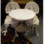 PAIR OF CAST IRON CHAIRS + TABLE