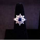 18CT WHITE GOLD SAPPHIRE + DIAMOND BAGUETTE CLUSTER RING