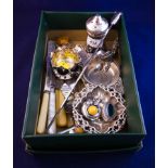 3 SILVER DISHES, SILVER SPOON, 2 PILL BOXES + PERFUME ETC.