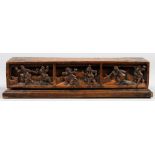 Chinese rectangular wood box, the openwork lid carved and pierced with pair of figures in reserves