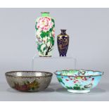 (lot of 4) Japanese cloisonne: a vase, with peonies and hinagiku on ovoid pale green ginbari body,