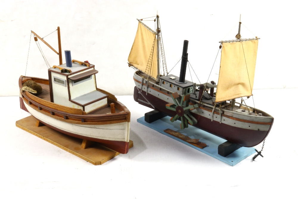 (lot of 2) Model boat group, consisting of a fishing boat and the steam ship "Clermont", 25"h.