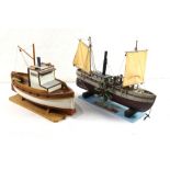(lot of 2) Model boat group, consisting of a fishing boat and the steam ship "Clermont", 25"h.