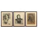 (lot of 3) European School (19th/20th century), Portraits of Ladies and a Gentleman, charcoals on