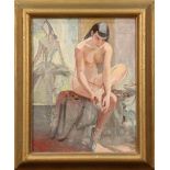 American School (20th century), Seated Nude Dressing, oil on canvas board, unsigned, 20th century,