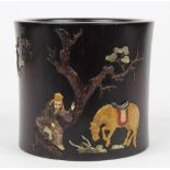 Chinese overlaid wood brush pot, featuring a figure and horse resting at a tree, reversed by a