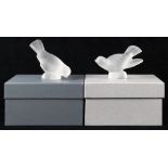 (lot of 2) Lalique sculptures, each depicting a single bird, tallest 4"h; with Lalique boxes