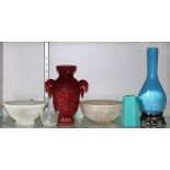 (lot of 6) Group of Chinese glass items, including one hexagonal form brush pot; a tea cup with