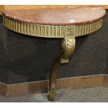 Rococo style demilune table, having a marble top, above the gilt decorated base with a scrolled