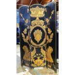 Chinoiserie three panel black lacquer screen, 71"h x 48"w