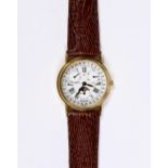 Lady's Movado calendar moonphase metal wristwatch Dial: white, round, gold tone, Roman numeral