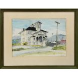 Untitled (School House), watercolor, signed "Ashley" lower right, 20th century, overall (with