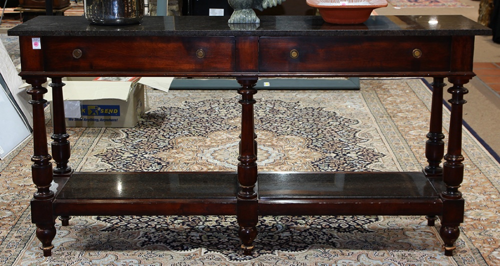 Henredon mahogany sideboard, having a rectangular marble top, above the two drawer case, and