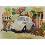 (lot of 2) Sam Coburn (American, 20th century), VW Bug, 1981, and Floral Study, 1984, watercolors,