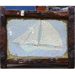 Framed mosaic, depicting a sailboat at sea, with antique hewn frame, overall 39"h x 46"w.