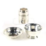 (lot of 3) Sterling silver table articles, consisting of a cylindrical lidded box inset with a