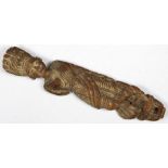 Indian wood carving, of a beauty draped in robes with cascading folds, 24"h