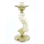 Salviati Italian Murano hand blown glass candle holder, having a ruffled lip bobeche over the