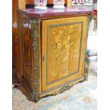 Louis XV style inlaid music cabinet, having a shaped marble top, above the case accented with gilt