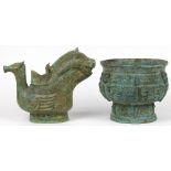 (lot of 2) Chinese archaistic bronze vessels: the first, fashioned as composite creatures with two