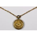 Enamel and 14k yellow gold pendant watch-necklace Dial: sunburst, gold tone, round, black stylized