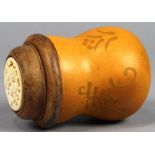 Chinese gourd cricket cage, the vessel with the characters 'mei' (beauty), the wood lid centered