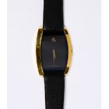 Two tone metal wristwatch Dial: black, tonneau, gold museum dot, pitched dauphine hands, Swiss