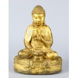 Japanese gilt Buddha, the fingers of his right hand resting on a bowl, seated on dais, 11.75"h