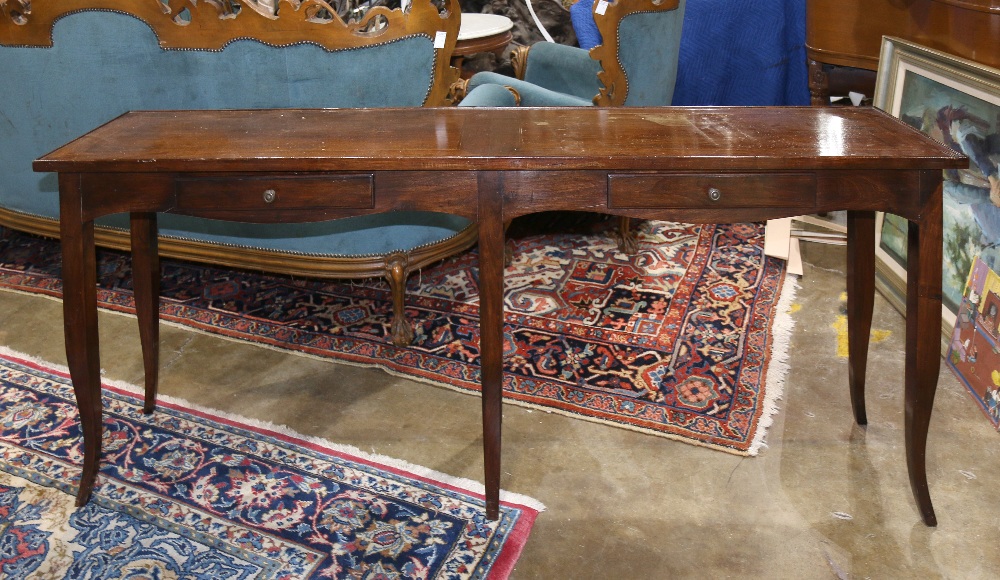 Federal style console table, the rectangular top over the two drawer case and rising on cabriole