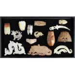 (lot of 14) Chinese archaistic hardstone carvings, including four cicadas; a deer; a sword; a