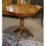 Victorian marquetry swivel tea table, the octagonal form top having a geometric inlaid motif over