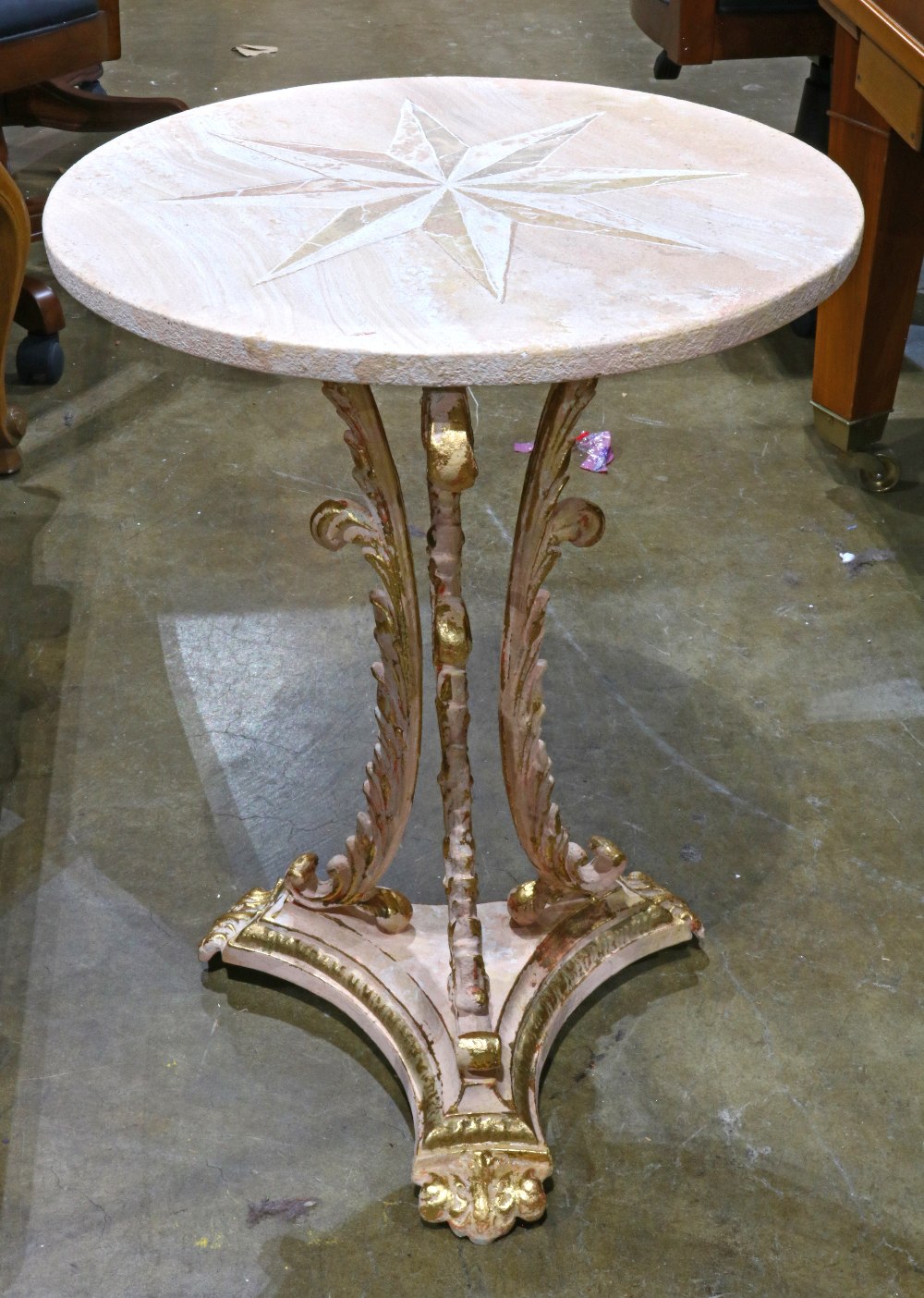 Regency style partial gilt conservatory table, executed in metal, having a faux paint decorated