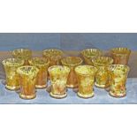 One bin of tumblers, in mottled brown to clear glass, 4.5"h