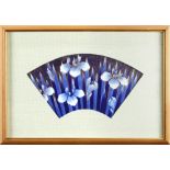 Japanese Fukagawa ceramic plaque, 20th century, blue irises in fan shape, sight: 5.75"w x 12"l,