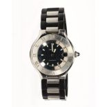 Cartier Autoscaph stainless steel wristwatch Dial: round, logo, black, luminous baton arrow, hour