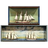 (lot of 2) Wall hanging ship dioramas, one with two sailboats, the other with a single sailboat,