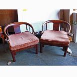 Pair of Chinese hardwood armchairs, with a horseback and narrow back splat, set to a rectangular