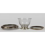 (lot of 3) American sterling silver and glass table article group, consisting of two coasters, one