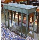 Transitional console table, having a rectangular top and executed in sage green with a polychrome