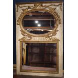 French Louis XV style partial gilt trumeau mirror, decorated with ribbon swags, the mirror in two