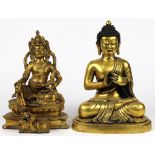 (lot of 2) Sino-Tibetan copper alloy Buddhist sculptures, consisting of Kubera holding a mongoose;