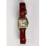 Cartier Santos two tone wristwatch Dial: square, off white, textured, black Roman numeral hour