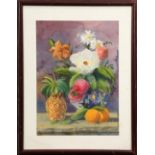Still Life with Fruit and Flowers, 1990, watercolor, signed "Hopkin Colmant" and dated lower left,