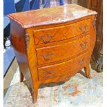 Louis XV style bombe commode, having a marble top with a parquetry decorated three drawer case,